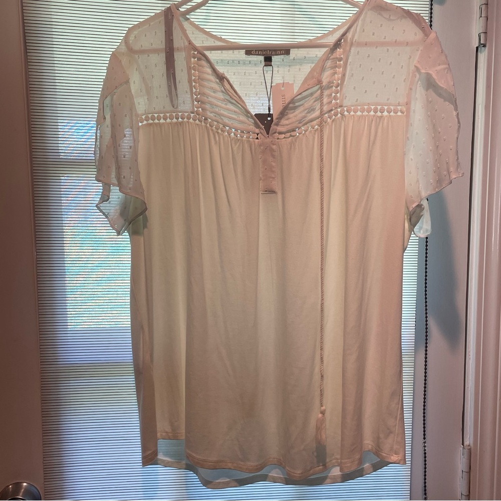 Daniel Rainn Size L Tassel Knit Top Cream/Off White Short Sleeve Women’s